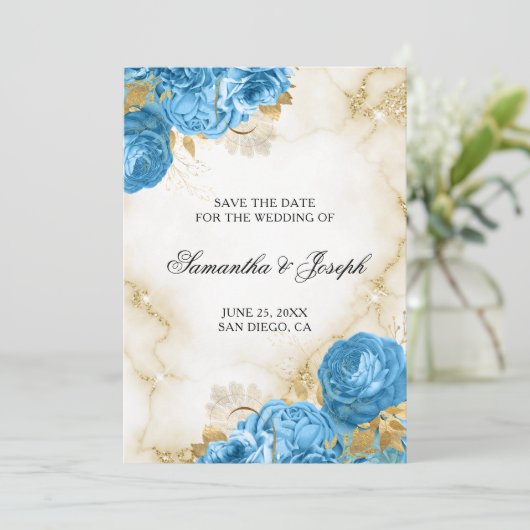 Goud en lichtblauw Floral Border Save The Date (Staand voorkant)