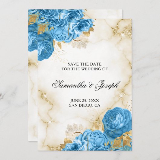 Goud en lichtblauw Floral Border Save The Date (Voorkant / Achterkant)