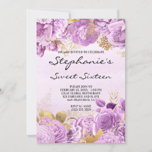 Goud en Lila Floral Waterverf Sweet Sixteen Kaart