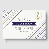 Goud en marine anker strepen nautische bruiloft gastenboek (Voorkant)