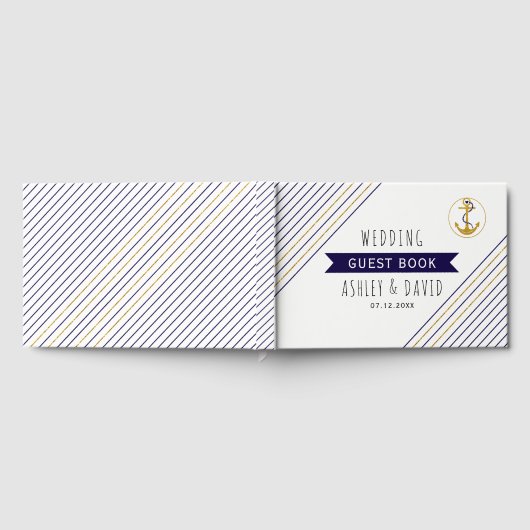 Goud en marine anker strepen nautische bruiloft gastenboek (Volledig)