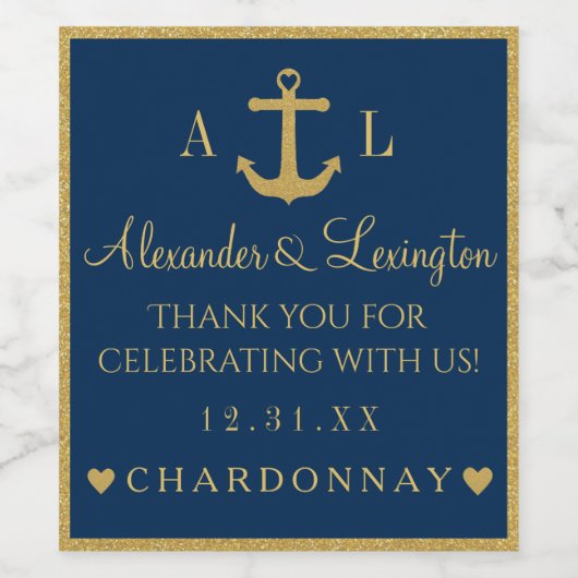 Goud en Marine Blauw Anker Monogram Bruiloft Wijn Etiket (Enkel label)