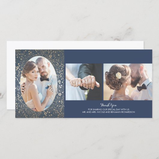 Goud en Marine Bloemen Fotobruiloft Dank u Bedankkaart (Voorkant / Achterkant)