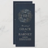 Goud en Marine Bloemen Vintage Trouwprogramma's Programmakaart (Voorkant / Achterkant)