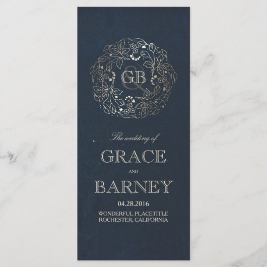 Goud en Marine Bloemen Vintage Trouwprogramma's Programmakaart (Voorkant)