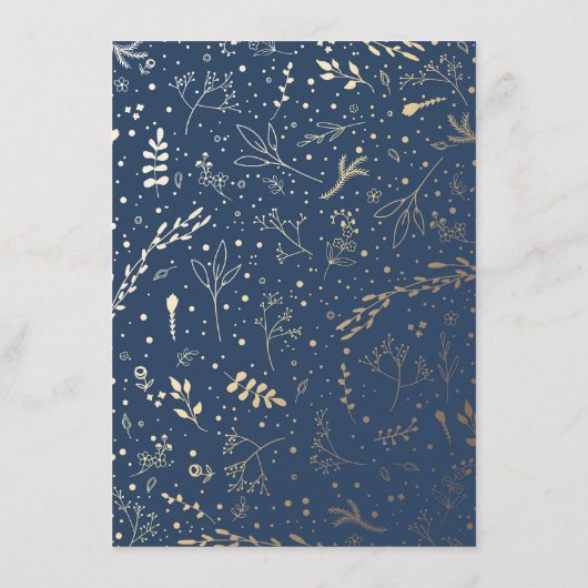 Goud en marine bloemenkrans bruiloft details informatiekaartje (Achterkant)