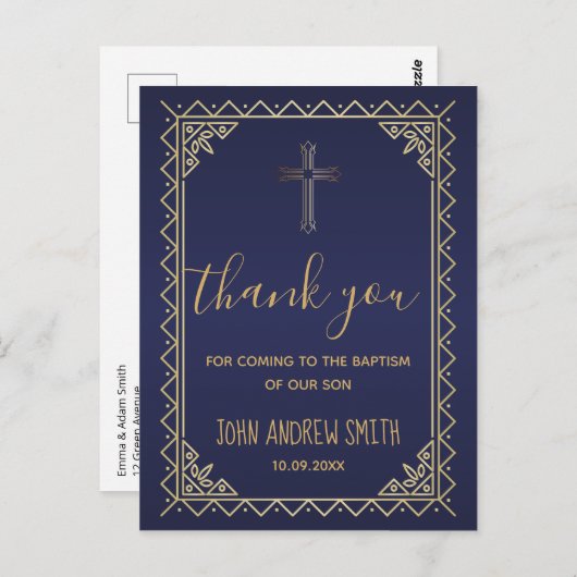 Goud en Marine Doop Dank u Briefkaart (Voorkant / Achterkant)