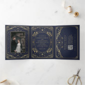 Goud en Marine Elegante Tarot Wedding QR Code Drieluik Uitnodiging (Binnen)