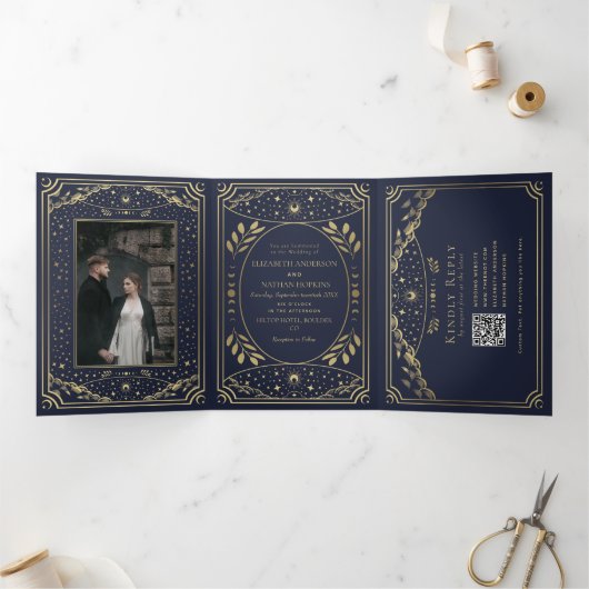 Goud en Marine Elegante Tarot Wedding QR Code Drieluik Uitnodiging (Binnen)