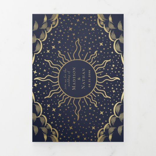Goud en Marine Elegante Tarot Wedding QR Code Drieluik Uitnodiging (Cover)