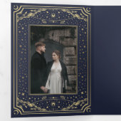 Goud en Marine Elegante Tarot Wedding QR Code Drieluik Uitnodiging (Binnenzijde eerst)