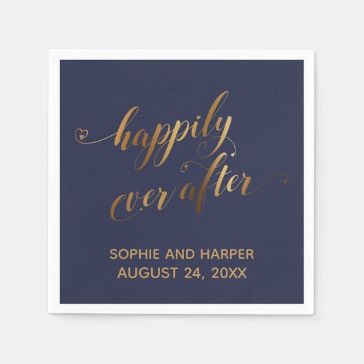 Goud en marine gelukkig ooit na Hearts Script Servet (Voorkant)
