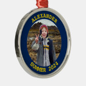 Goud en Marine Gepersonaliseerde Ronde Familiefoto Metalen Ornament (Rechts)