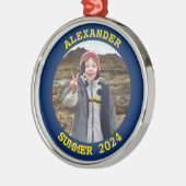 Goud en Marine Gepersonaliseerde Ronde Familiefoto Metalen Ornament (Links)
