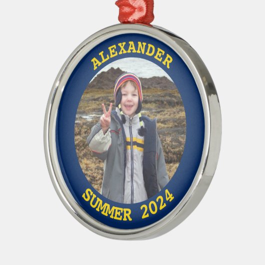 Goud en Marine Gepersonaliseerde Ronde Familiefoto Metalen Ornament (Links)