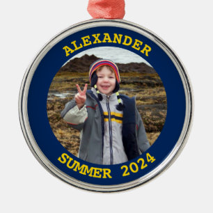 Goud en Marine Gepersonaliseerde Ronde Familiefoto Metalen Ornament