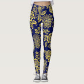 Goud en marine, gestileerde stencil bloem leggings (Voorkant)