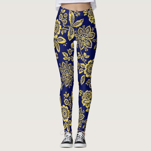 Goud en marine, gestileerde stencil bloem leggings (Voorkant)