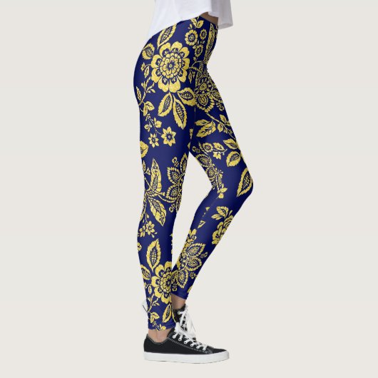 Goud en marine, gestileerde stencil bloem leggings (Rechts)