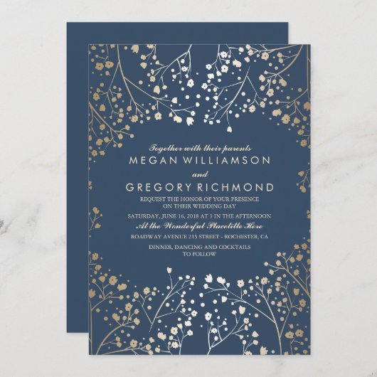 Goud en marinebaby's bruinbloeiende moderne bruilo kaart (Voorkant / Achterkant)