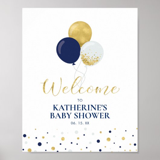 Goud- en marineballonnen | Welkomstwoord Baby show Poster (Voorkant)