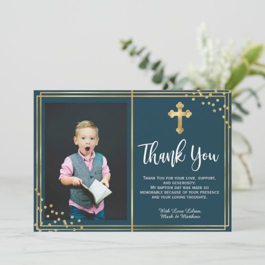 Goud en marineblauw Baptisme Hartelijk dank Bedankkaart (Staand voorkant)