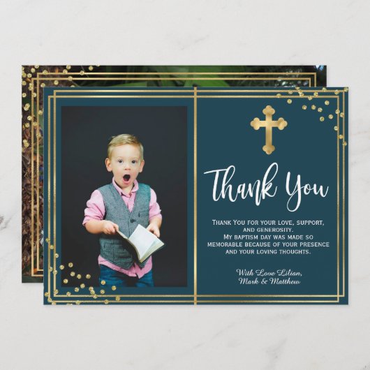 Goud en marineblauw Baptisme Hartelijk dank Bedankkaart (Voorkant / Achterkant)
