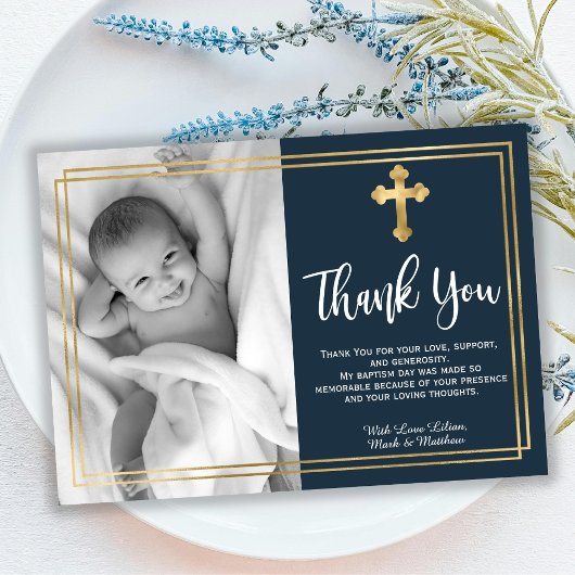 Goud en marineblauw Baptisme Hartelijk dank Bedankkaart