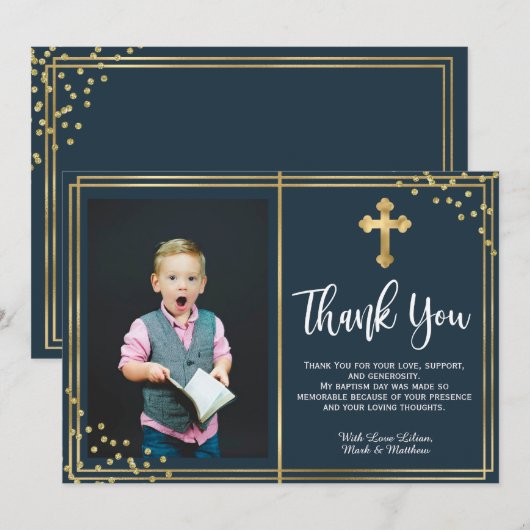 Goud en marineblauw Baptisme Hartelijk dank Bedankkaart (Voorkant / Achterkant)
