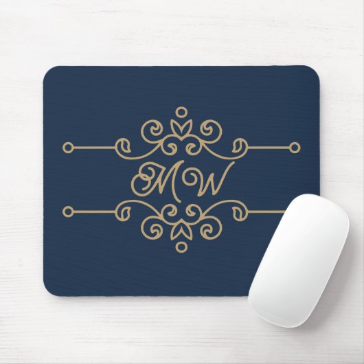 Goud en marineblauw elegant krulmonogram uit de vi muismat (Met muis)