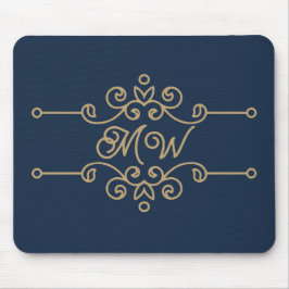 Goud en marineblauw elegant krulmonogram uit de vi muismat