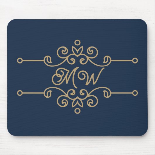 Goud en marineblauw elegant krulmonogram uit de vi muismat (Voorkant)