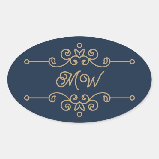 Goud en marineblauw elegant krulmonogram uit de vi ovale sticker (Voorkant)