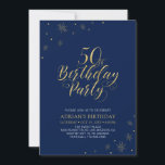 Goud en marineblauw | Modern Chic 50th Birthday Pa Kaart<br><div class="desc">Laten we je speciale dag vieren met deze stijlvolle gouden 50ste verjaardag uitnodiging. Dit ontwerp is voorzien van chic gold typografie en gouden elementen met een blauw marineschandaal. U kunt de tekst en achtergrondkleur aanpassen. Meer overeenkomende objecten beschikbaar in mijn winkel BaraBomDesign. Als je een aangepast ontwerp nodig hebt, kun...</div>
