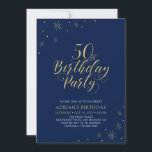 Goud en marineblauw | Modern Chic 50th Birthday Pa Kaart<br><div class="desc">Laten we je speciale dag vieren met deze stijlvolle gouden 50ste verjaardag uitnodiging. Dit ontwerp is voorzien van chic gold typografie en gouden elementen met een blauw marineschandaal. U kunt de tekst en achtergrondkleur aanpassen. Meer overeenkomende objecten beschikbaar in mijn winkel BaraBomDesign. Als je een aangepast ontwerp nodig hebt, kun...</div>
