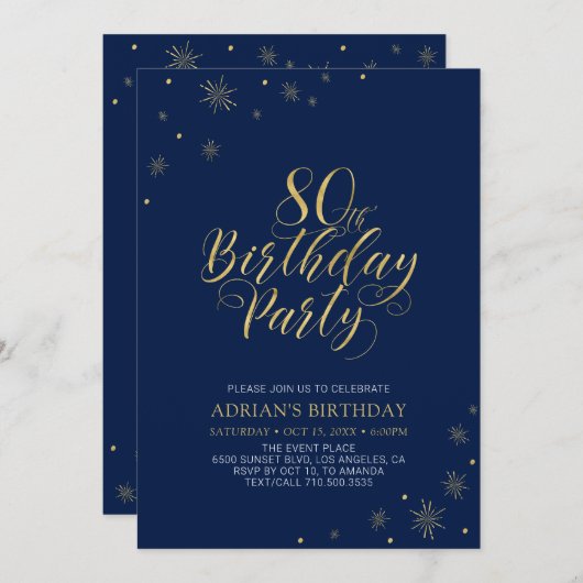 Goud en marineblauw | Moderne Chic 80e verjaardag Kaart (Voorkant / Achterkant)