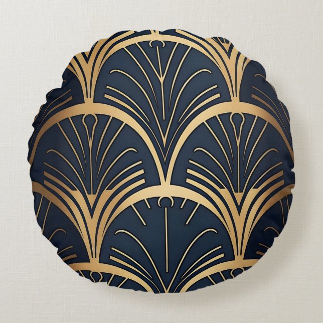 Goud en marineblauw  rond kussen (Voorkant)