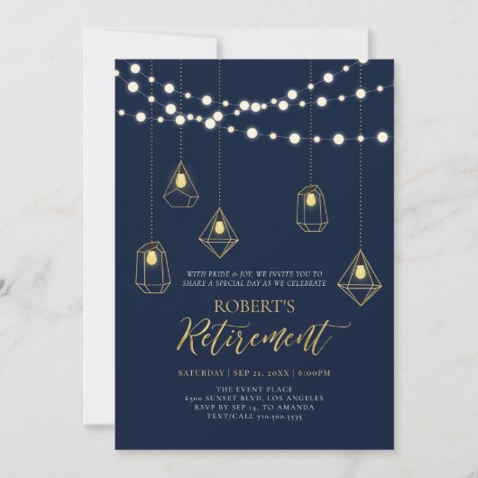 Goud en marineblauw | String Lights Retirement Par Kaart (Voorkant)