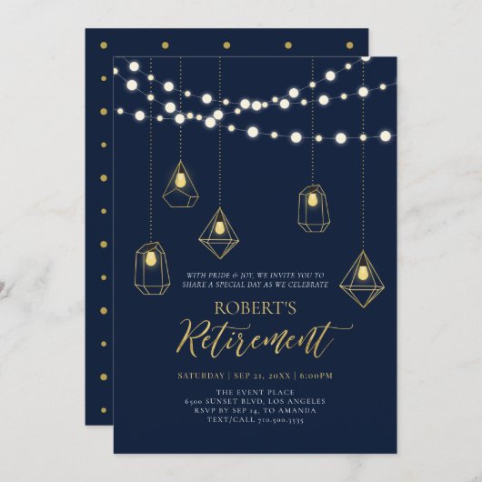 Goud en marineblauw | String Lights Retirement Par Kaart (Voorkant / Achterkant)