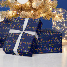 Goud en marineblauw vrolijk kerstwoord kunst cadeaupapier