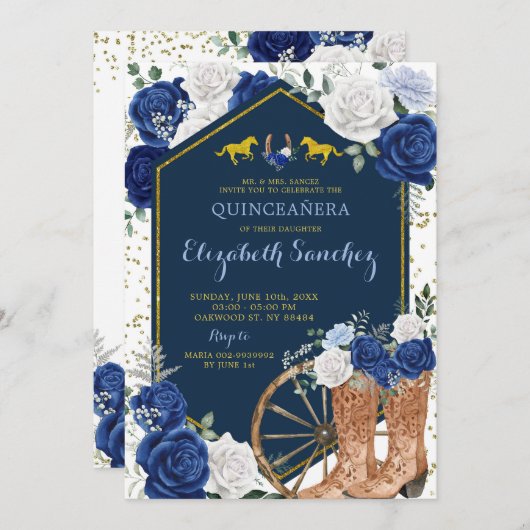 Goud en marineblauw Western Charra Quinceañera Kaart (Voorkant / Achterkant)