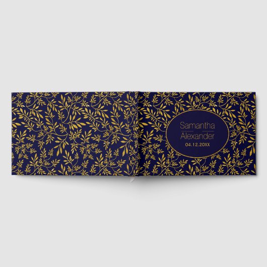 Goud en marinesluiblauwe bladeren trouwgastenboek gastenboek (Volledig)