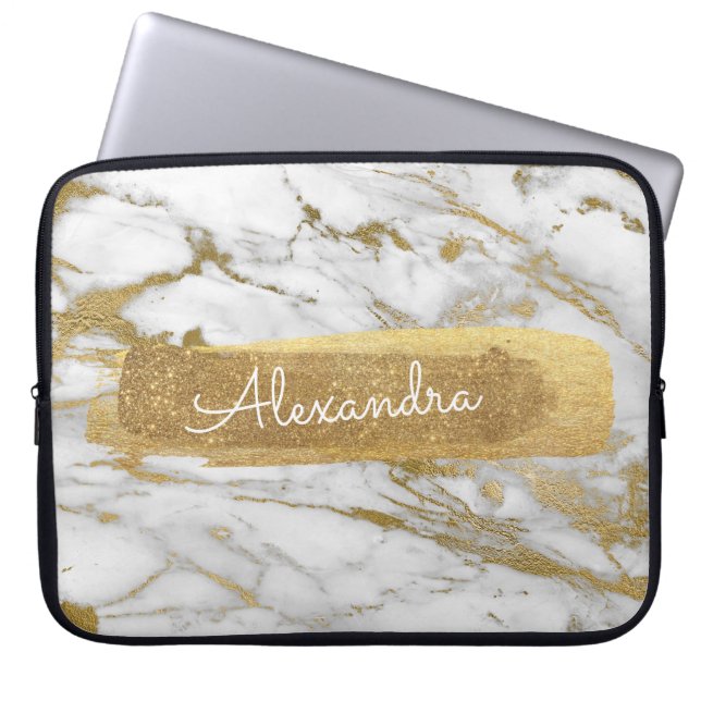 Goud en Marmer met Gouden Folie en Glitter Laptop Sleeve (Voorkant)