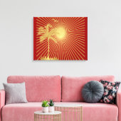 Goud en maroon Palm Tree, zon- en vogelcanvas Canvas Afdruk (Insitu (Woonkamer))