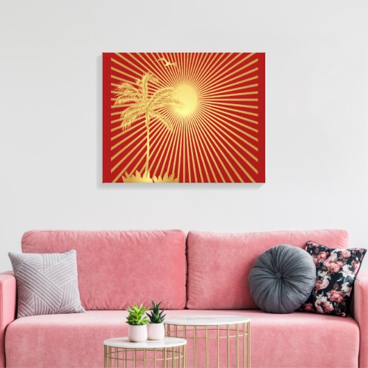 Goud en maroon Palm Tree, zon- en vogelcanvas Canvas Afdruk (Insitu (Woonkamer))