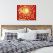 Goud en maroon Palm Tree, zon- en vogelcanvas Canvas Afdruk (Insitu (Slaapkamer))