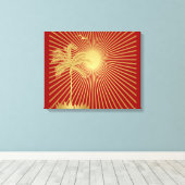 Goud en maroon Palm Tree, zon- en vogelcanvas Canvas Afdruk (Insitu (Houten vloer))