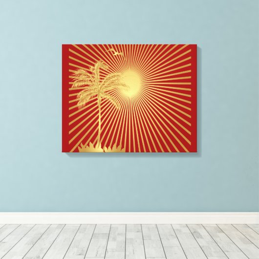 Goud en maroon Palm Tree, zon- en vogelcanvas Canvas Afdruk (Insitu (Houten vloer))