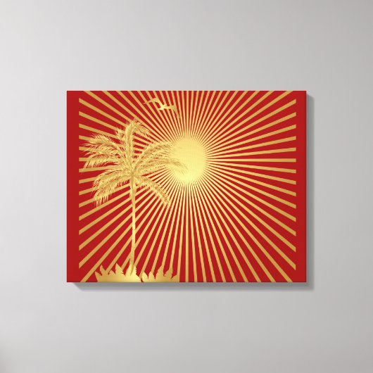 Goud en maroon Palm Tree, zon- en vogelcanvas Canvas Afdruk (Voorkant)