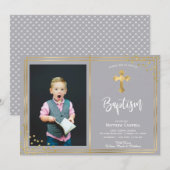 Goud en Navy Blauw Doop Uitnodiging (Voorkant / Achterkant)